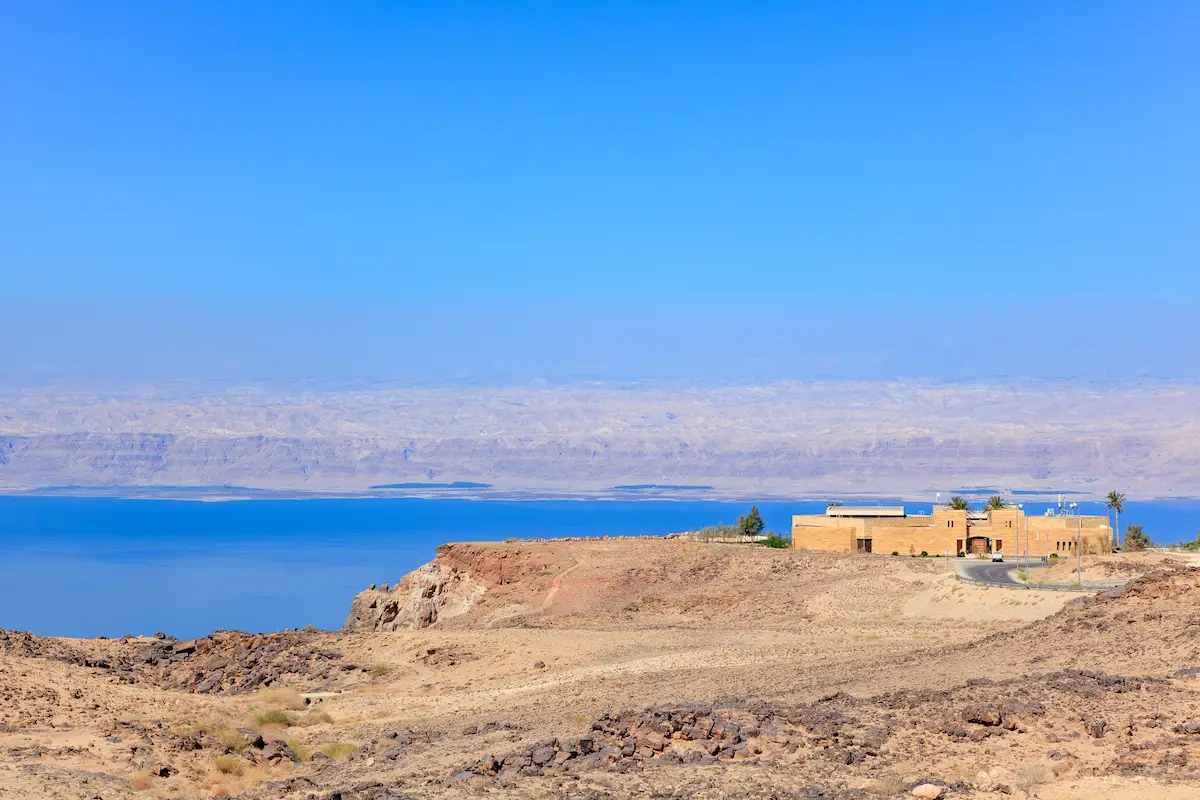 Panoramic Dead Sea complex and view of the Dead Sea and Israel : Jordan
