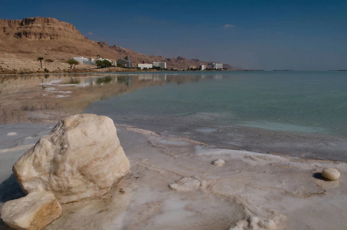 Salt formation in Ein Bokek hotel and resort district on the shore of the Dead Sea