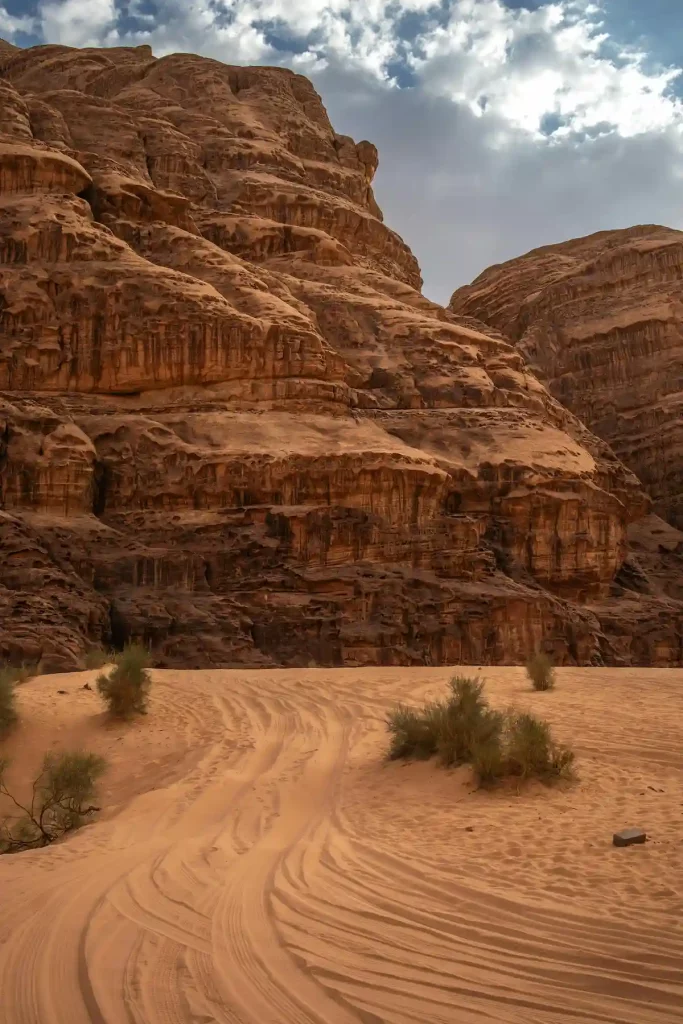 Vertical Landscape of Wadi Rum Red Desert with High Sandstone Stone in Jordan. Spectacular View of Sand with Rock Formation in the Middle East.