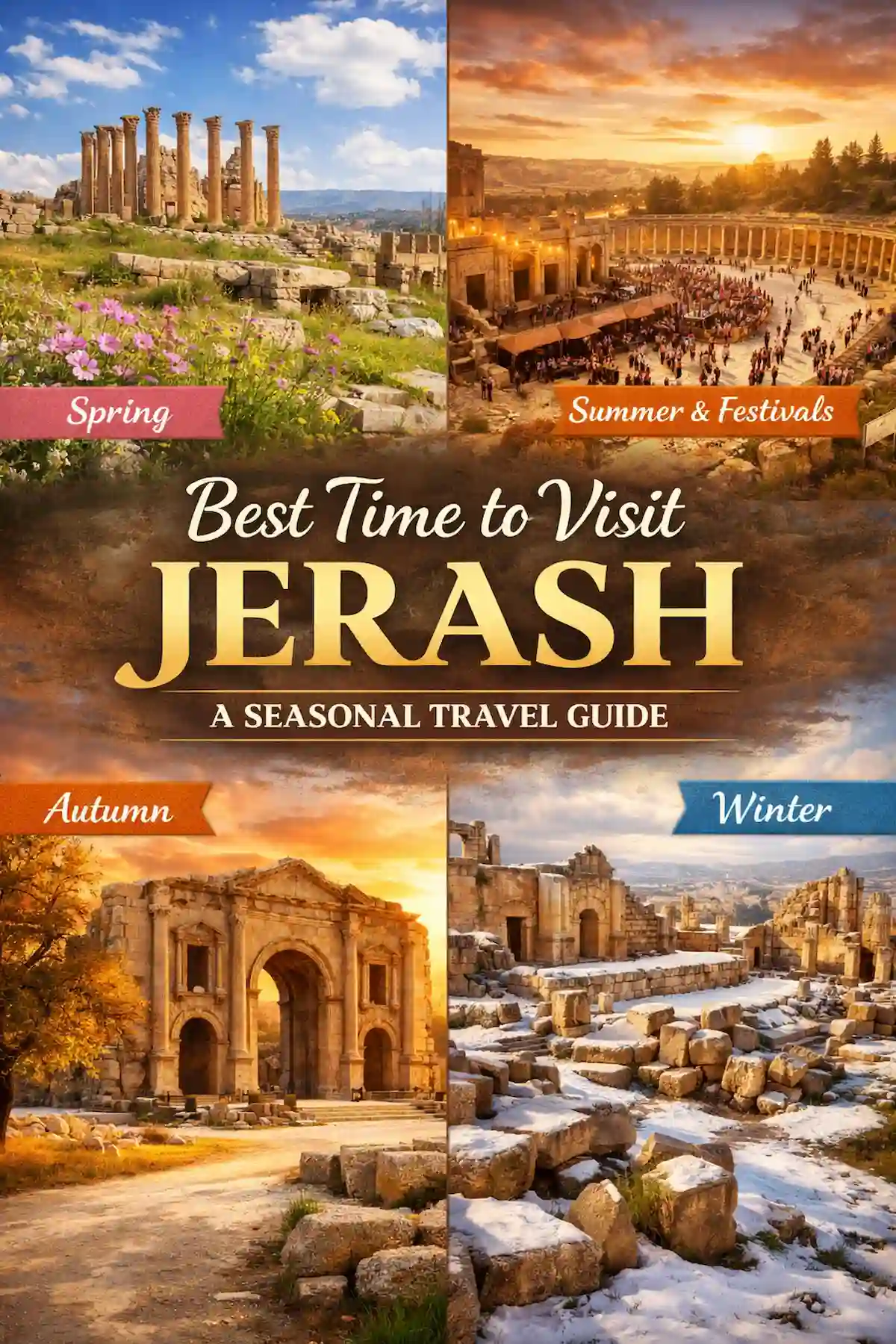 "Best Time to Visit Jerash: Seasonal view of Jerash ruins in spring, summer, autumn, and winter.