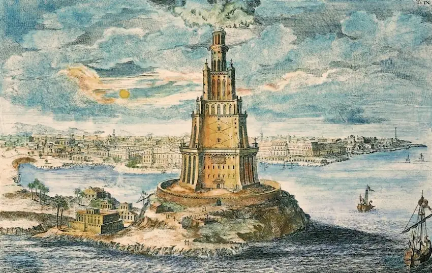 Engraving depicting the Lighthouse of Alexandria (Egypt)