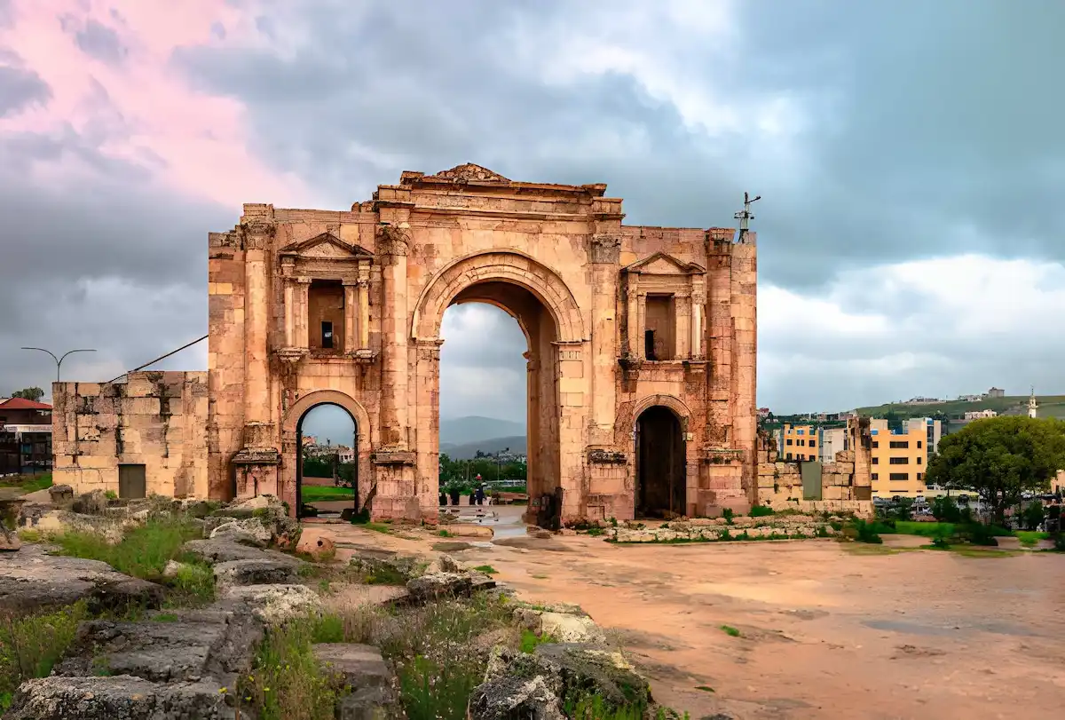 Hadrian’s Arch in Jerash, Jordan. Built in 129AD, this gate marks the ancient city’s boundaries. View from inside the ancient city.