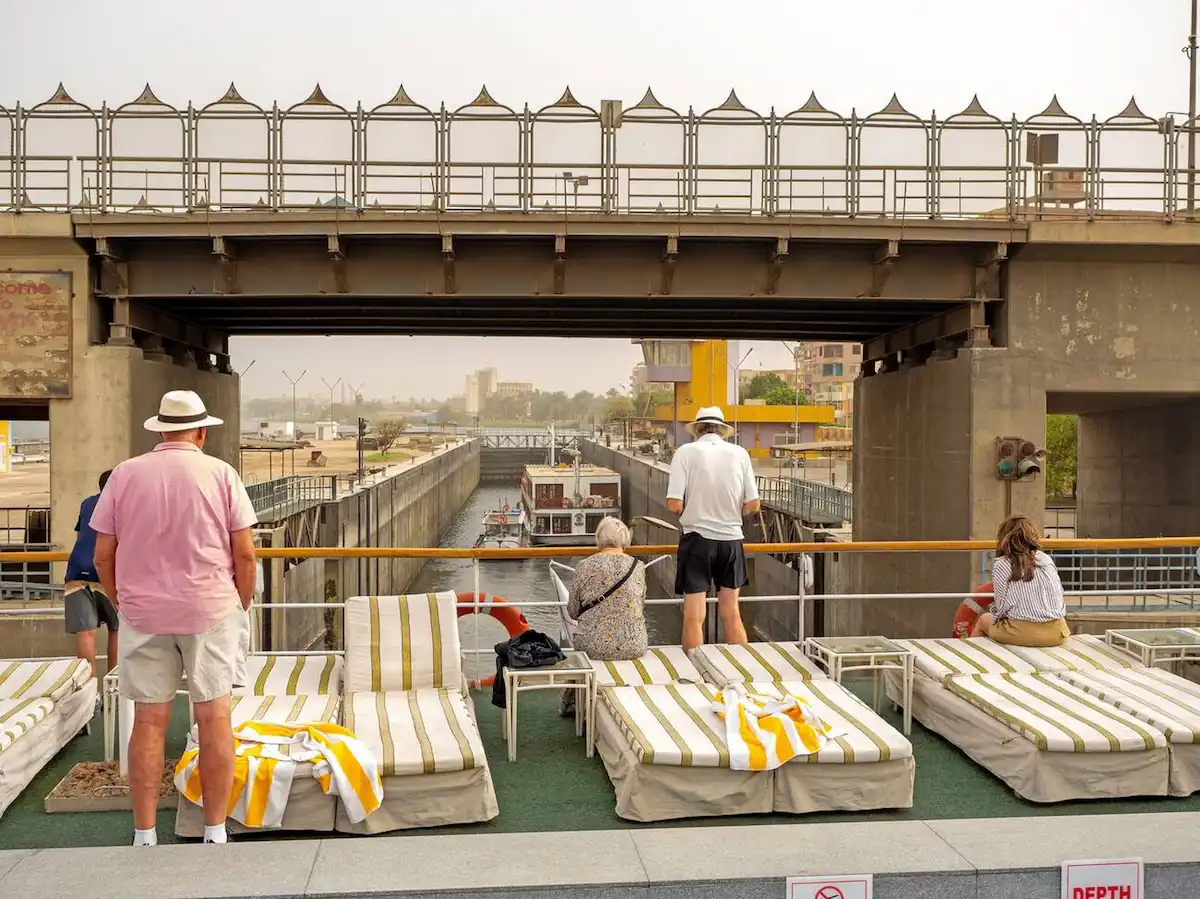 Nile River cruise boat entering the lock at Esna